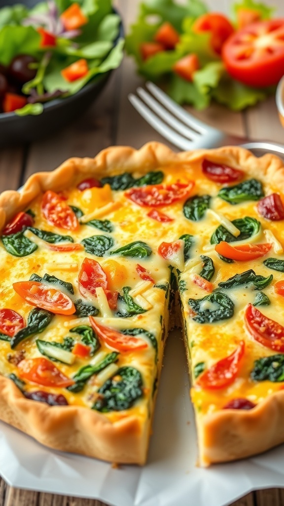 A slice of savory quiche without milk, filled with vegetables and cheese, served on a rustic wooden table.